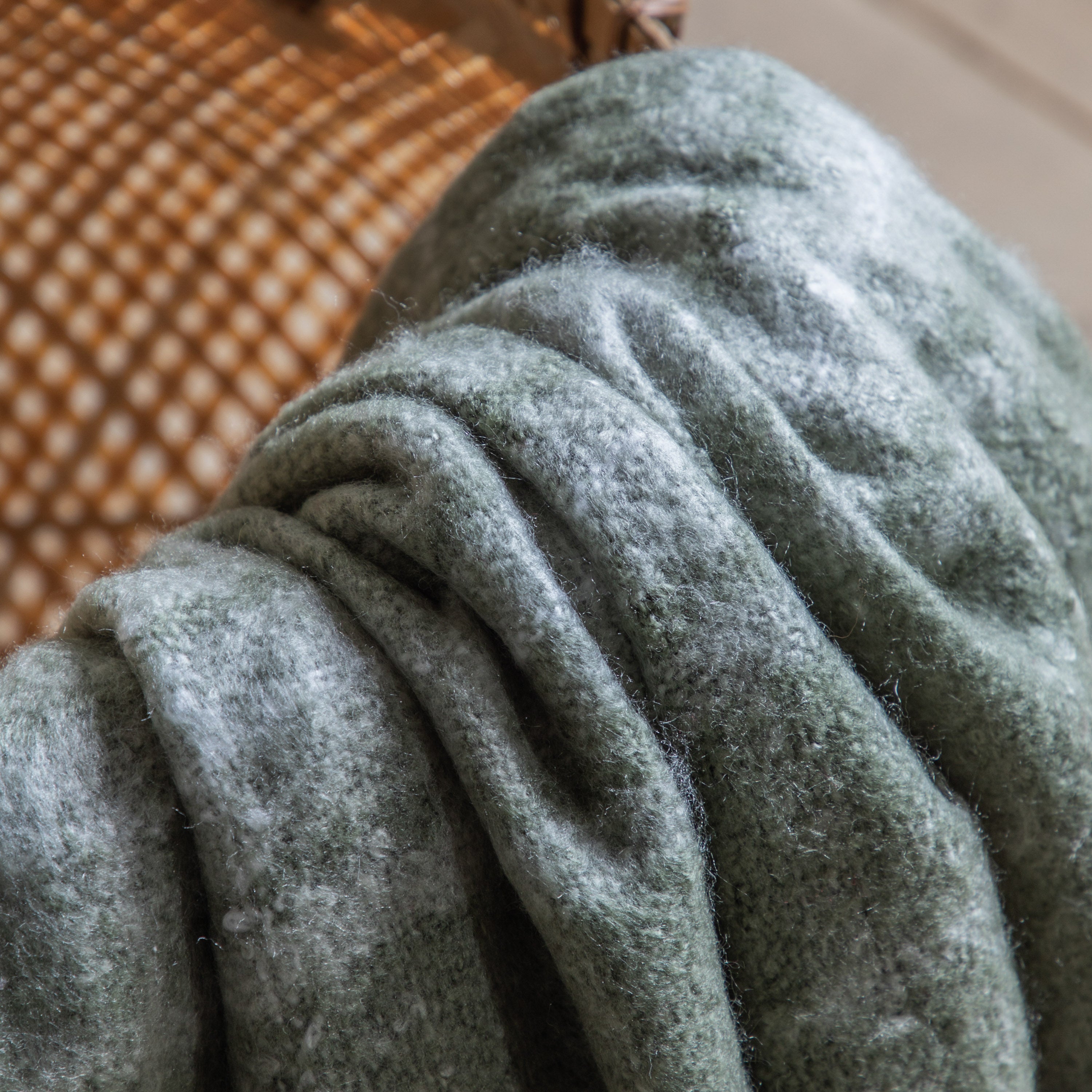 Check Faux Mohair Olive Green Throw